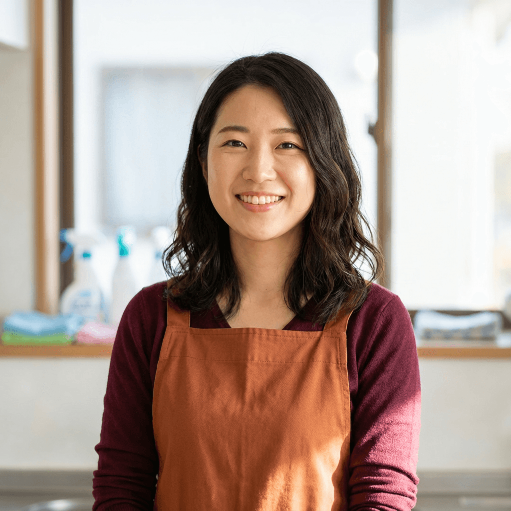 Female client in her late 30s, East Asian, warm and genuine smile