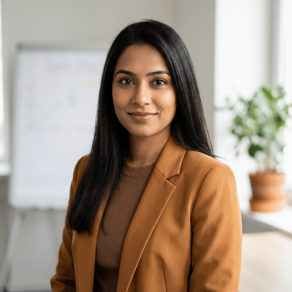 Female client in her early 30s, South Asian, warm and encouraging smile