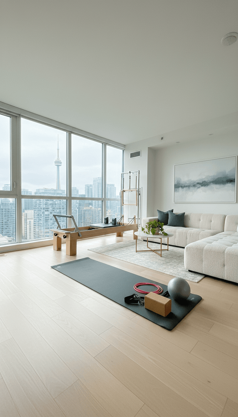 Bright Toronto living room with Pilates mat and equipment, natural light filling the space