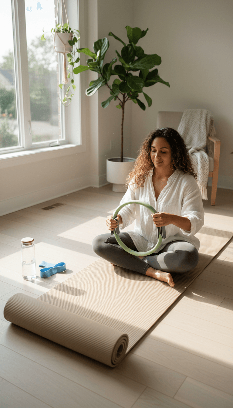 Pilates mat set up in a bright living room with props