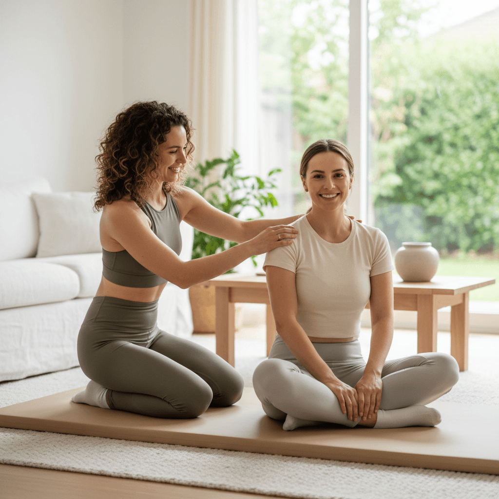 Pilates instructor demonstrating a stretch to a client in a bright living room