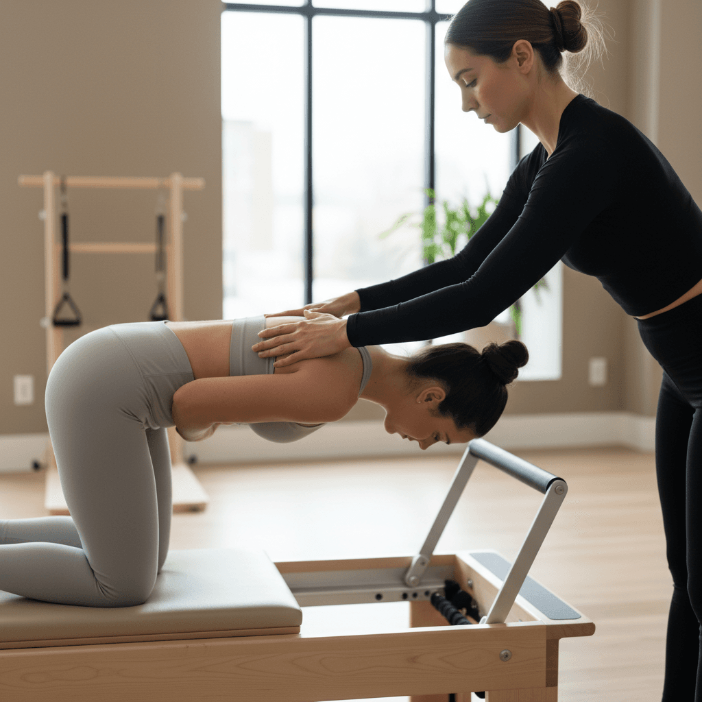 Woman doing a Pilates exercise on a mat in a bright living room