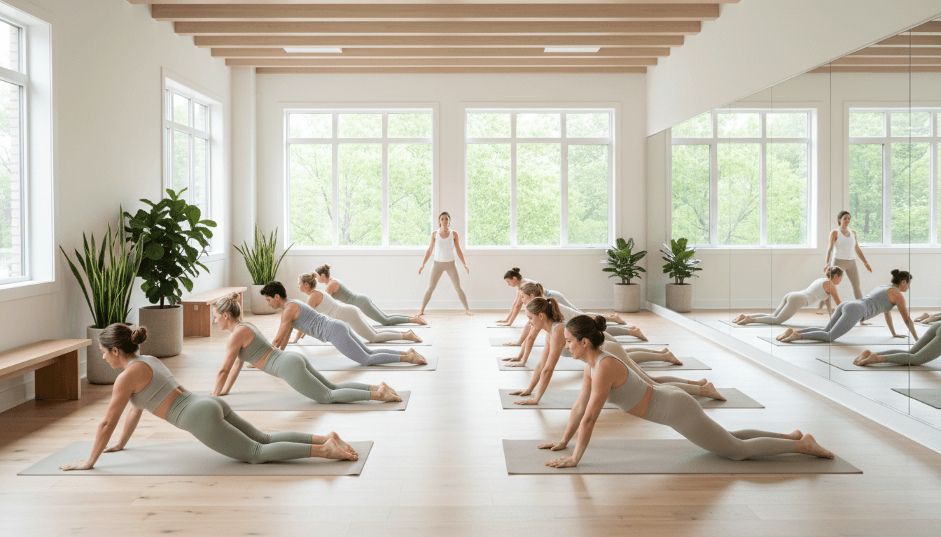 Small group Pilates session in a home recreation room