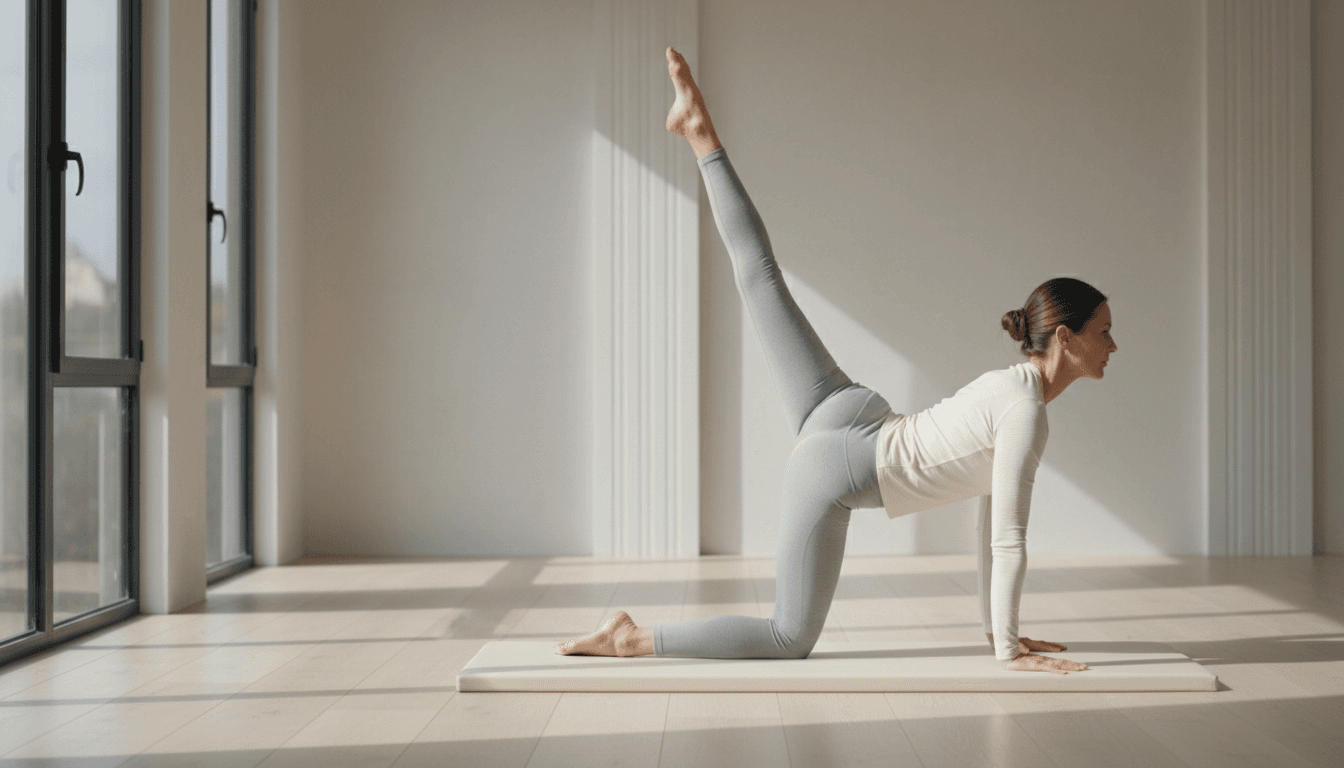 Woman doing Pilates on a mat in a bright living room while an instructor guides her form