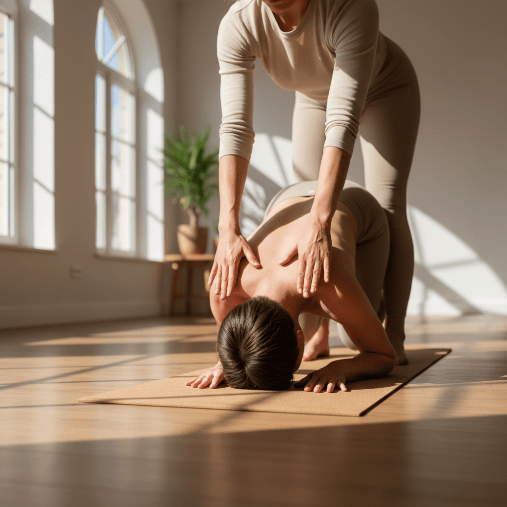 Client smiling during a seated exercise, instructor offering guidance