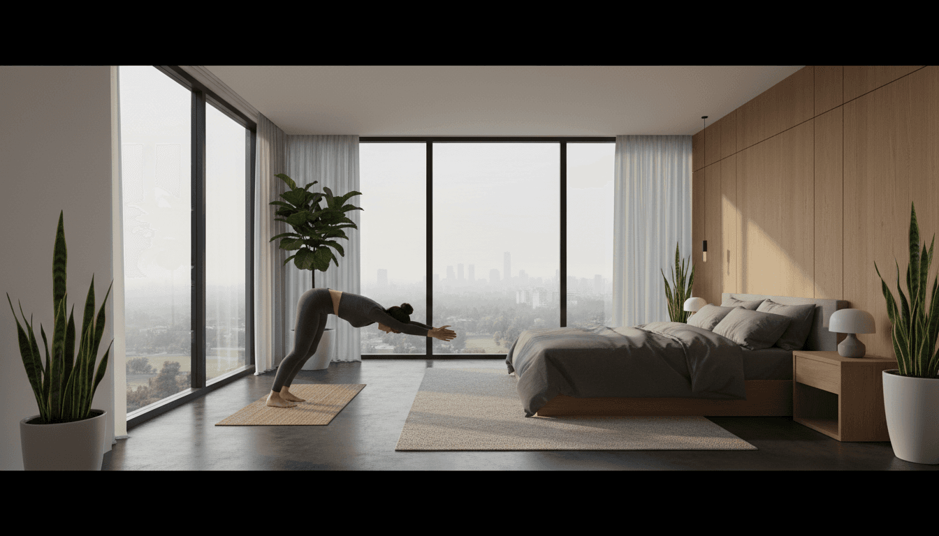 Pilates mat and resistance bands set up on a hardwood floor in a bright Toronto living room