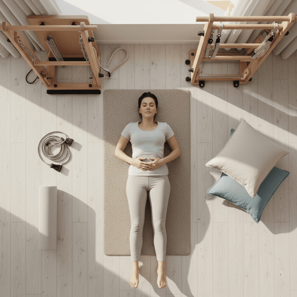 Overhead view of Pilates equipment set up at a home session